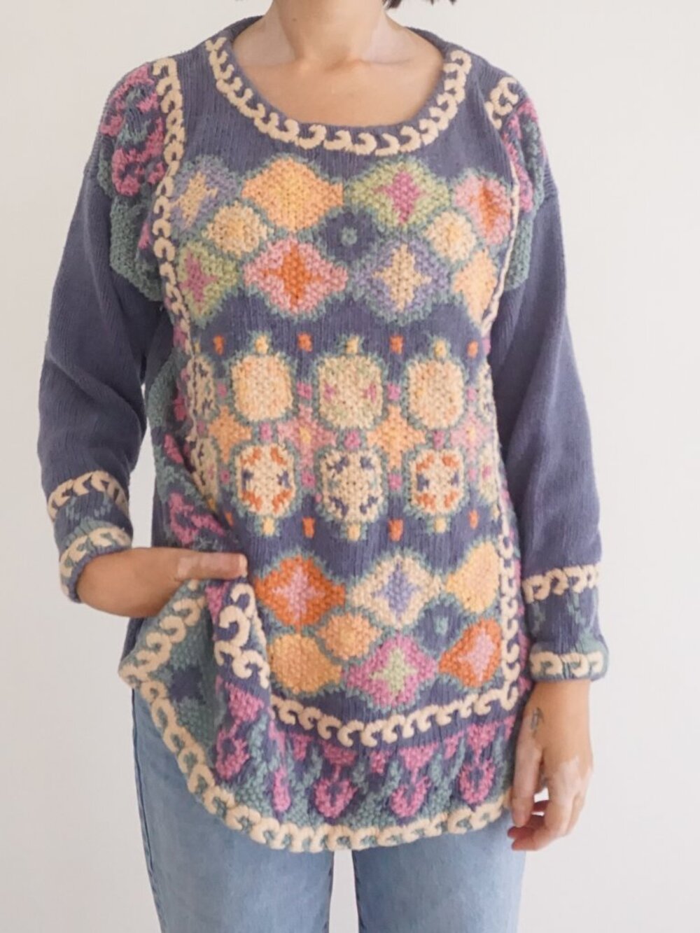 Vintage Episcia Blue Multicolor Geometric Floral Cotton Knit Sweater Patchwork S